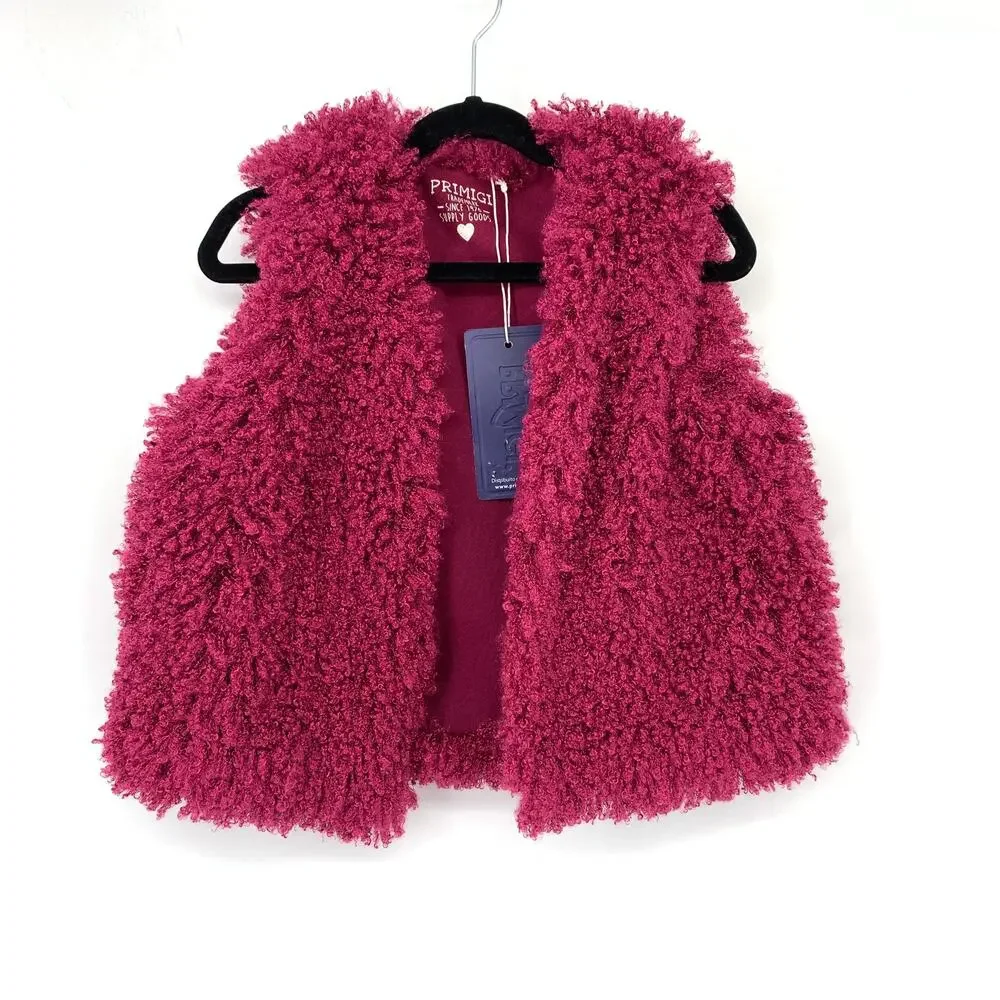 Primigi Fuzzy Vest Open Front Girls Size 5 Raspberry Maron Red Sleeveless NEW